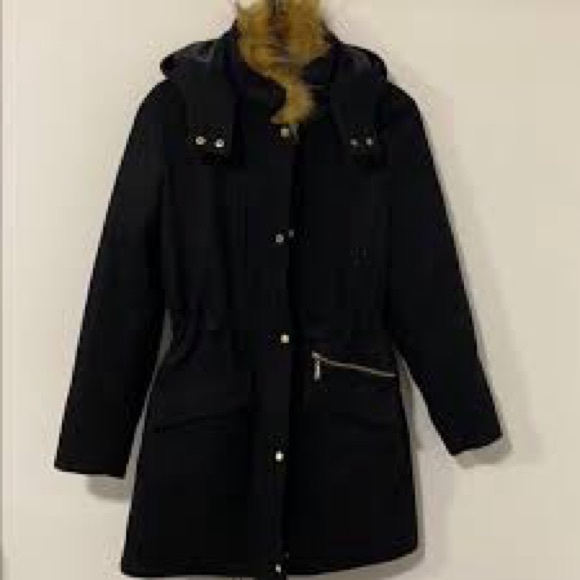 Cole Haan Black Utility Wool Blend Jacket with Faux Fur Trim - Picture 3 of 8
